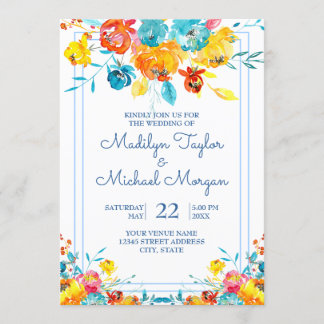 Bright Colourful Watercolor Floral Wedding Invitation