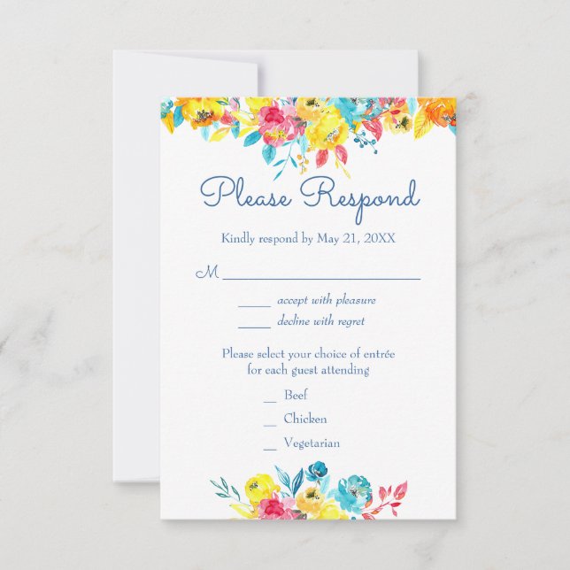 Bright Colourful Watercolor Floral Wedding RSVP Card (Front)