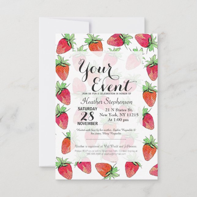 Bright Colourful Watercolor Fruity Strawberries Invitation (Front)