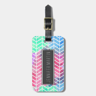 Bright Colourful Watercolor Herringbone Chevron Luggage Tag