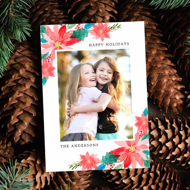 Bright & Colourful Watercolor Poinsettias Photo Holiday Card (Creator Uploaded)