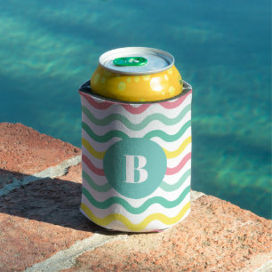 Bright Colourful Wavy Pattern Monogrammed Can Cooler