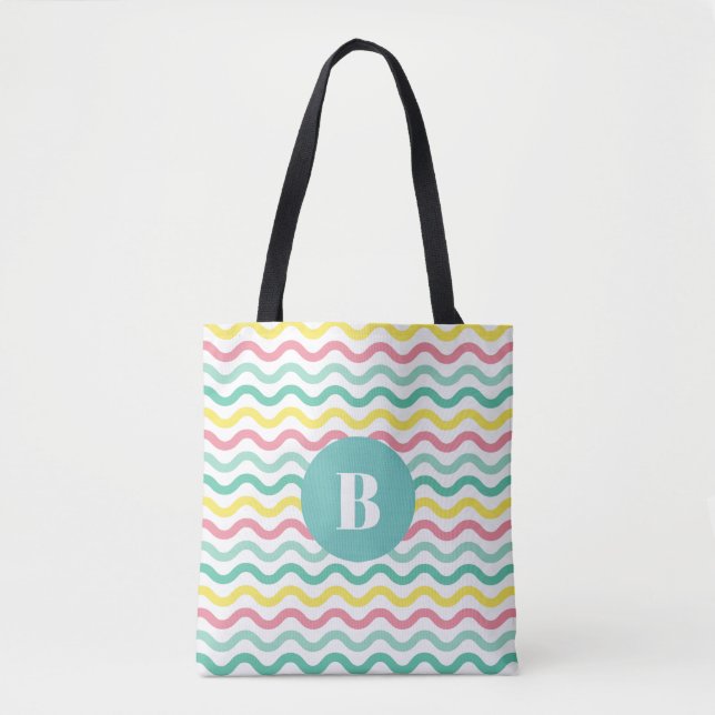Bright Colourful Wavy Pattern Monogrammed Tote Bag (Front)
