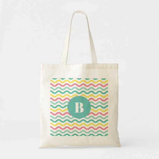 Bright Colourful Wavy Pattern Monogrammed Tote Bag (Front)