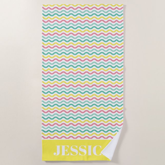 Bright Colourful Wavy Pattern Personalised Beach Towel (Front)