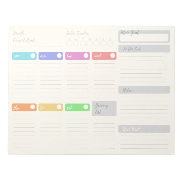 Bright Colourful Weekly Planner Notepad (Front)