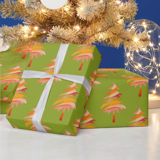 Bright Colourful Whimsical Christmas Tree Pattern Wrapping Paper (Holidays)