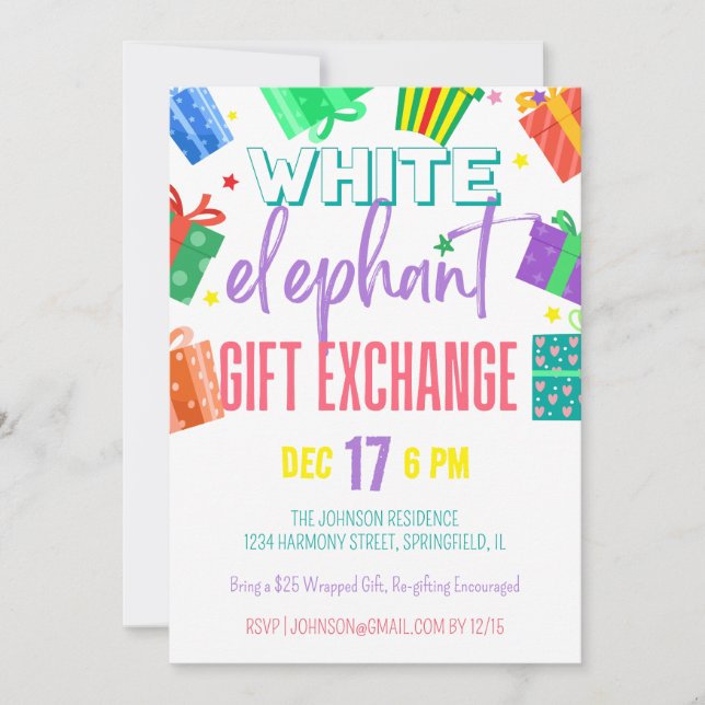 Bright Colourful White Elephant Gift Exchange Part Invitation (Front)