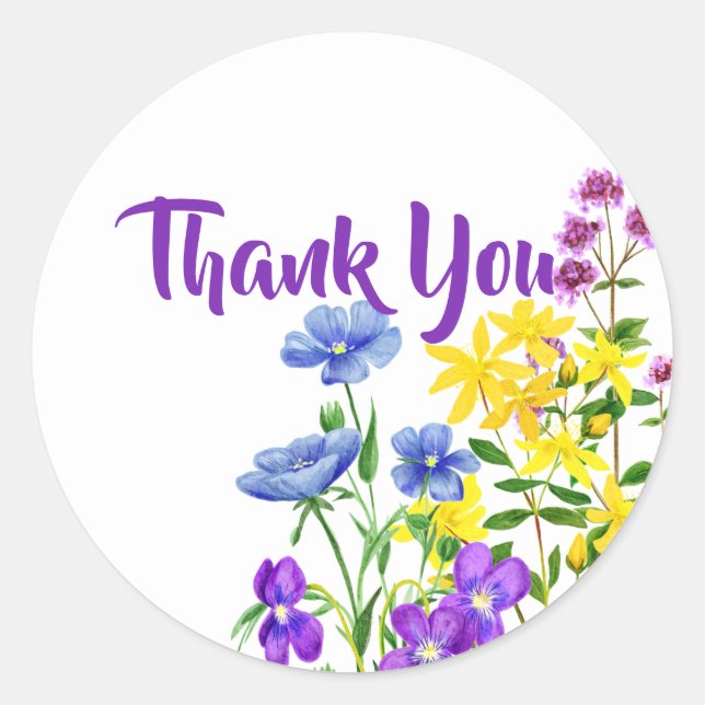 Bright Colourful Wild Flowers Thank You Classic Round Sticker (Front)