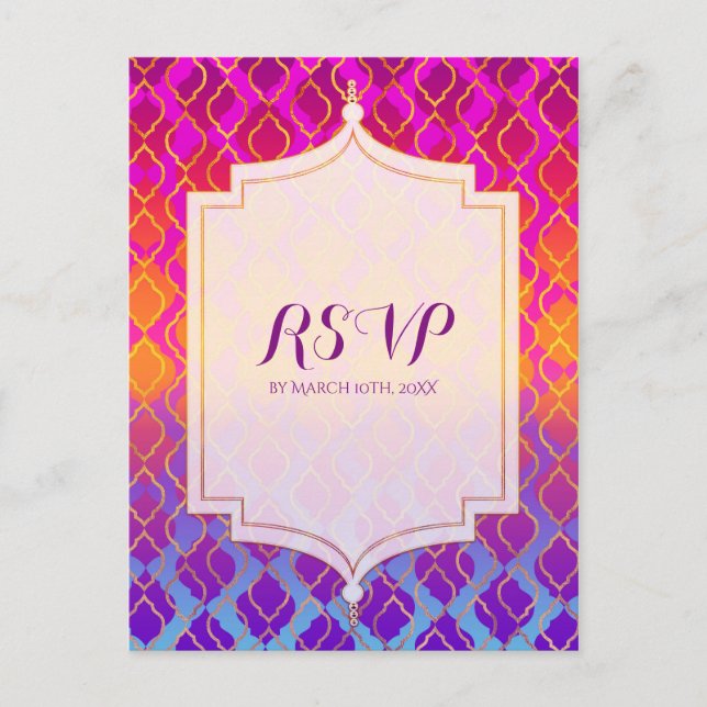Bright Colours Arabian Moroccan Glam Party RSVP Invitation Postcard (Front)