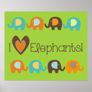 Bright Colours I Love Elephants Nursery Poster