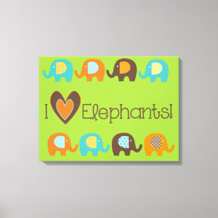 Bright Colours I Love Elephants Wrapped Canvas