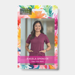 Bright colours pink floral Event ID name tag photo Badge