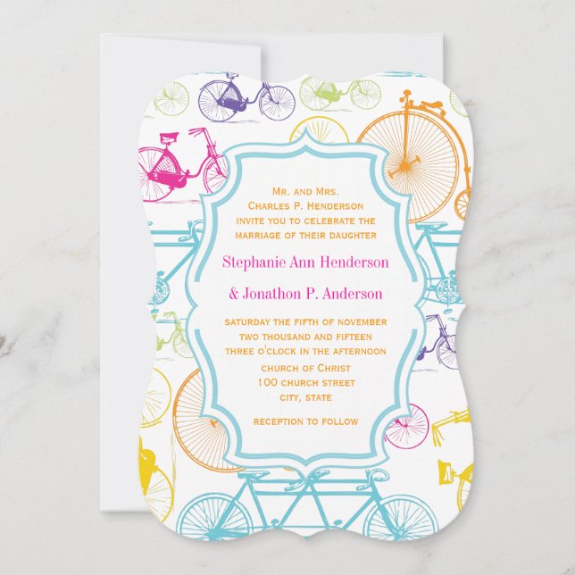 Bright Colours Vintage Bicycle Pattern Wedding Invitation (Front)