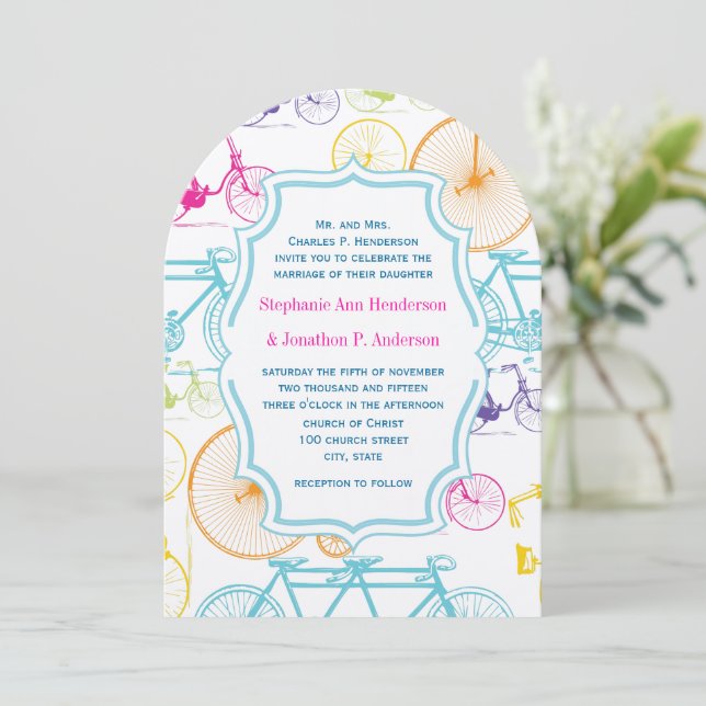 Bright Colours Vintage Bicycle Pattern Wedding Invitation (Standing Front)