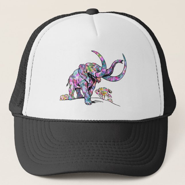 Bright Colours Vintage Elephant Illustration Trucker Hat (Front)