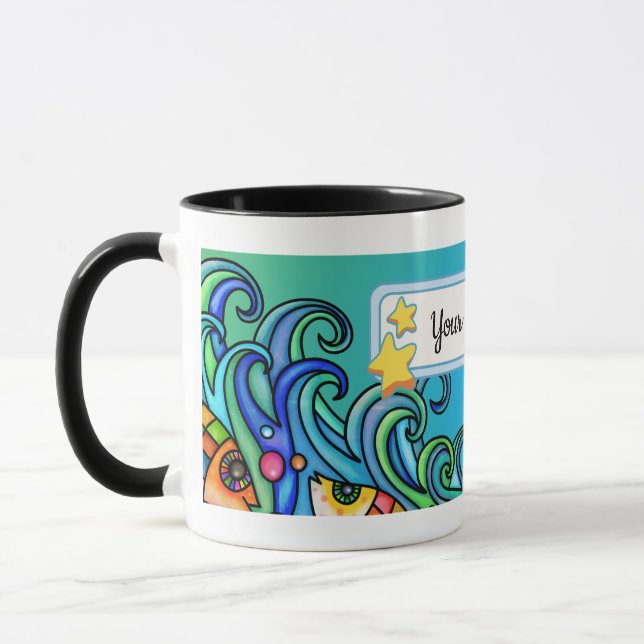 Bright Colours, Waves - Fish Doodles, Personalise  Mug (Left)