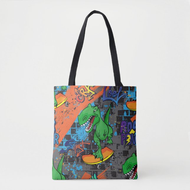 Bright cool seamless pattern with dinosaur on a sk tote bag (Front)