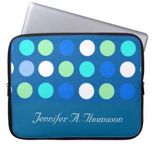 Bright cool, trendy,modern blue, white, green polk laptop sleeve