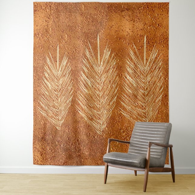 Bright Copper Look Palm Leaves Drawing Tapestry (In Situ)