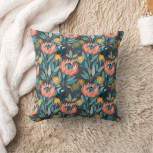 Bright Coral and Teal Protea Florals Cushion