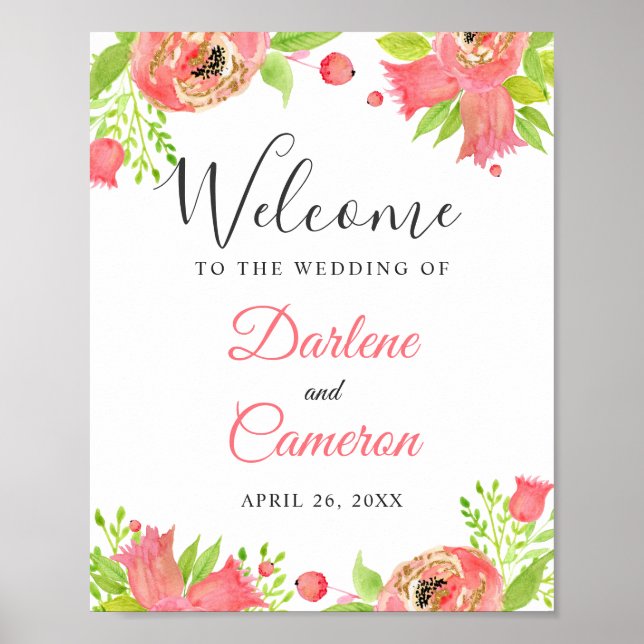 Bright Coral Pink Botanical Garden Wedding Sign (Front)