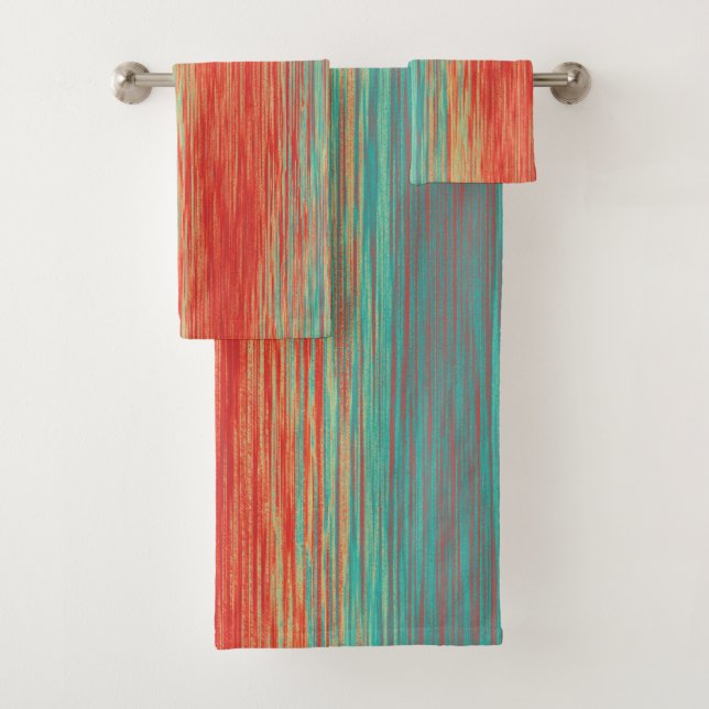 Bright Coral Red Turquoise Abstract Bath Towel Set (Insitu)