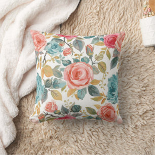 Bright Coral & Teal Watercolor Rose Floral Pattern Cushion