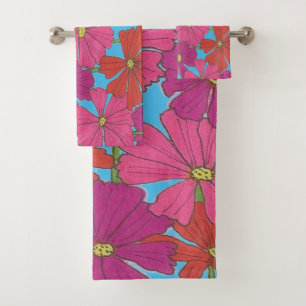 Bright Cosmos Floral Print on Blue Bath Towel Set