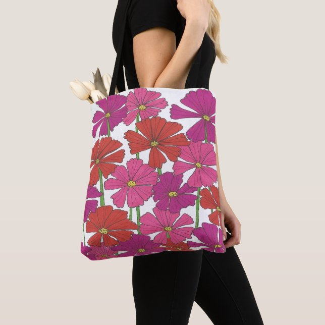 Bright Cosmos Floral Print Tote Bag (Close Up)