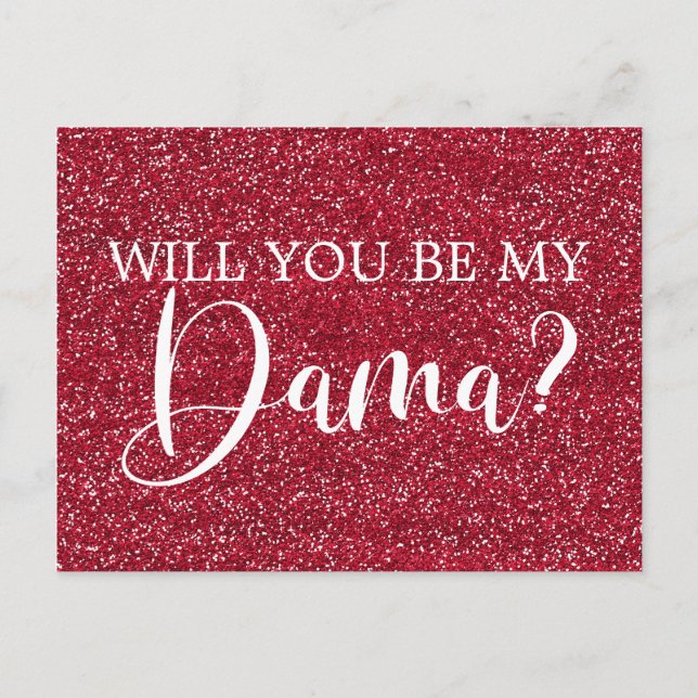 Bright Cranberry Glitter Quinceanera Dama Proposal Invitation Postcard (Front)