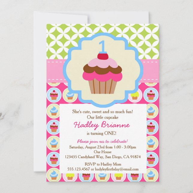 Bright Cupcake 1st Birthday Party Invitation (Front)