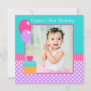 Bright Cupcake Polka Dot Girl 1st Birthday Photo Invitation