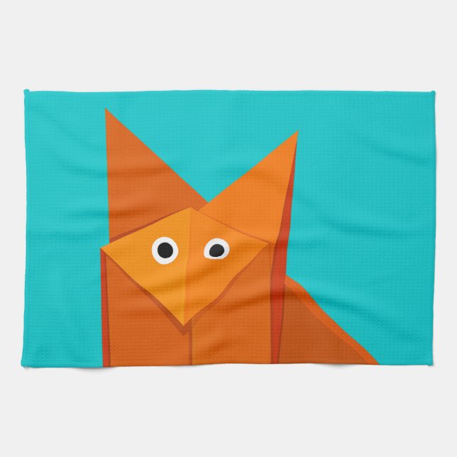 Bright Cute Origami Fox Tea Towel (Horizontal)