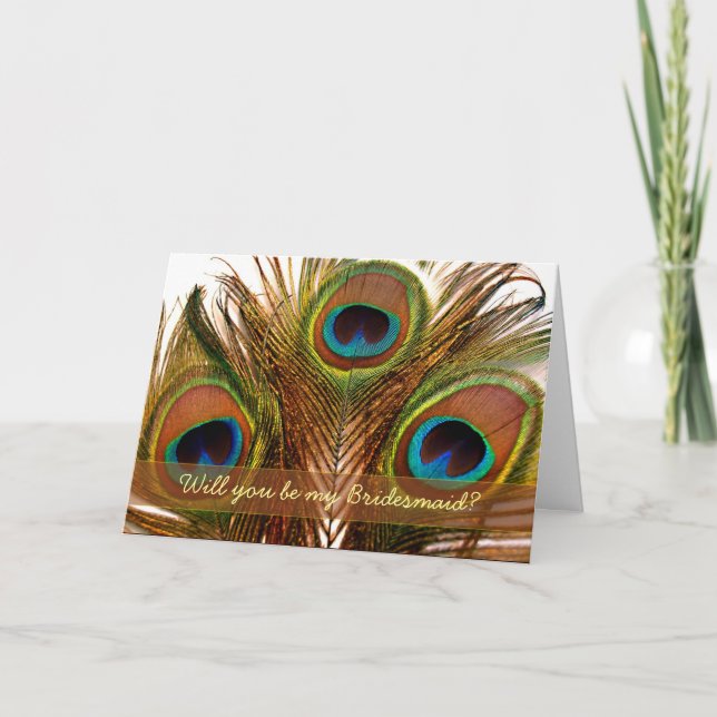 Bright decorative peacock feathers Bridesmaid card (Front)