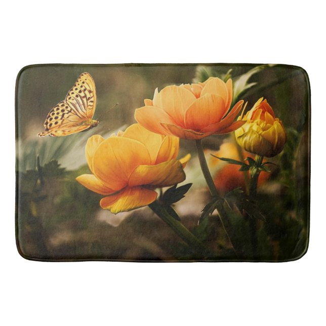 Bright Deep Yellow Flowers with Butterfly Bath Mat (Front)