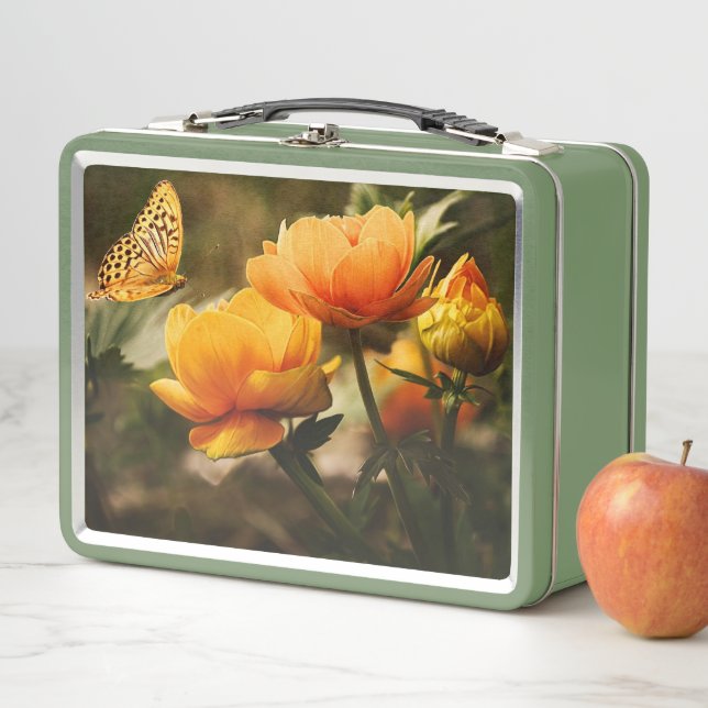 Bright Deep Yellow Flowers with Butterfly Metal Lunch Box (In Situ)