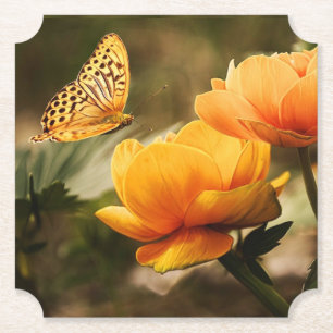 Bright Deep Yellow Flowers with Butterfly Paper Coaster