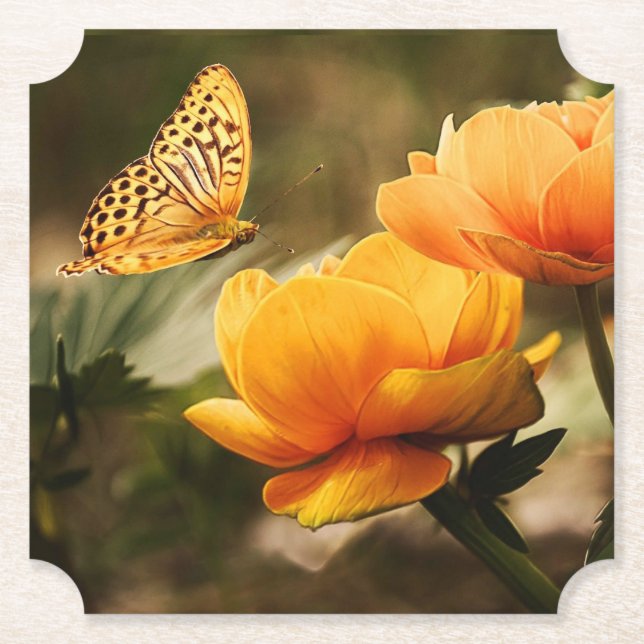 Bright Deep Yellow Flowers with Butterfly Paper Coaster (Front)