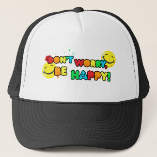 bright don't worry be happy face design trucker hat
