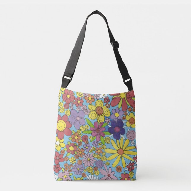 Bright Doodle Flowers Over Shoulder Bag (Front)