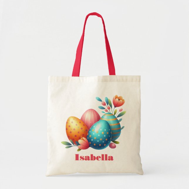Bright Easter Egg Hunt Spring Flowers Custom Name Tote Bag (Front)