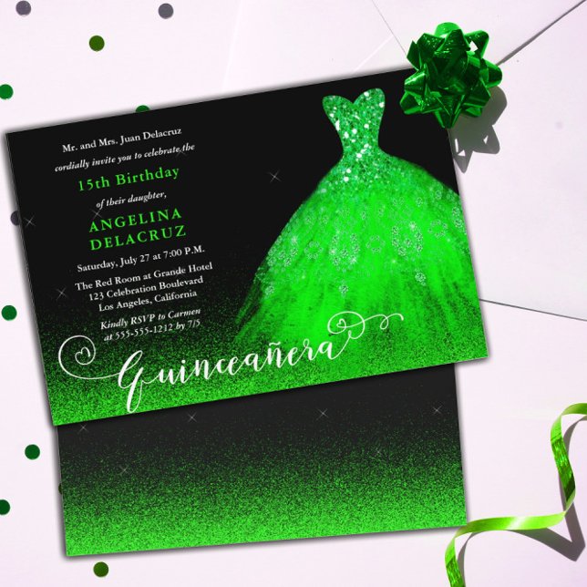 Bright Emerald Green Spanish Gown Quinceañera  Invitation (Creator Uploaded)