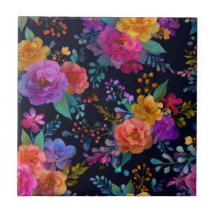 Bright Exotic Flower Blossoms on Black Vintage Tile