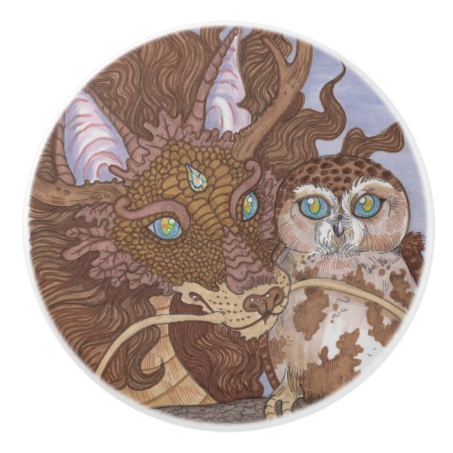 Bright Eyes Owl and Dragon  Ceramic Knob (Front)