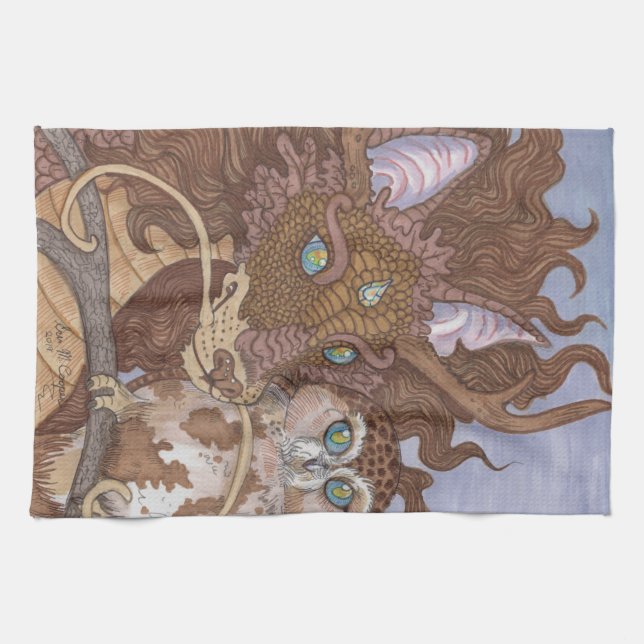 Bright Eyes Owl and Dragon Tea Towel (Horizontal)