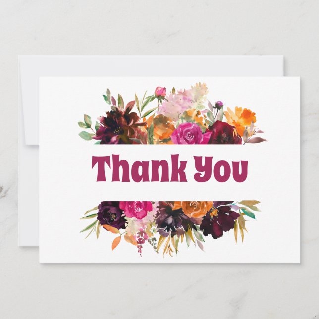 Bright Fall Floral Orange Burgundy Roses Peonies  Thank You Card (Front)