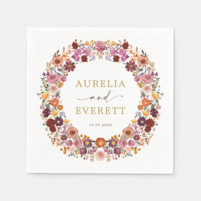 Bright Fall Wildflower Garden Wreath Wedding Napkin (Front)