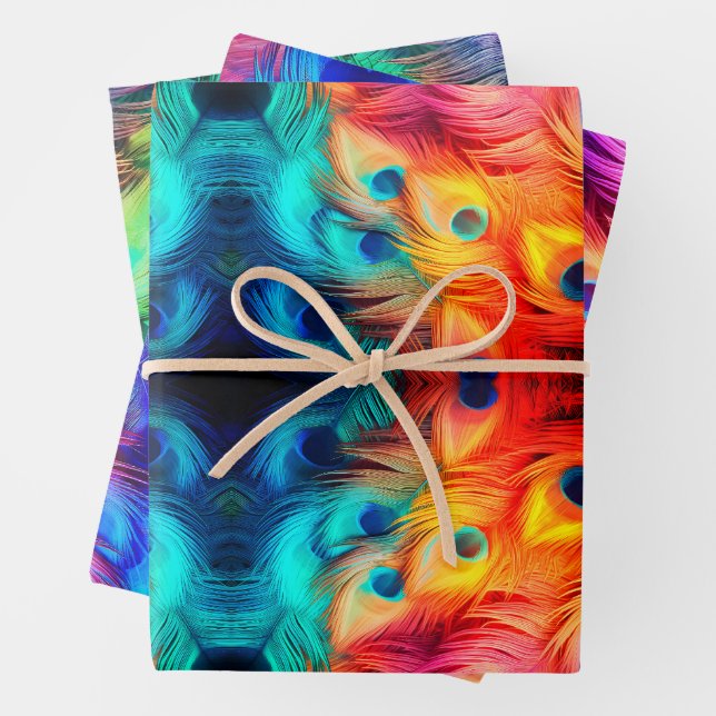 Bright Feather Jewel Tone Wrapping Paper Sheet (In situ)