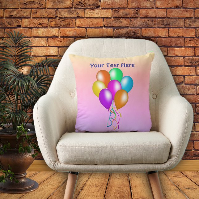Bright Festive Balloons with Ribbons on Pastels Cushion (Bright multiple coloured balloons ribbons on pastel yellow, pink, purple decorative throw pillow.)
